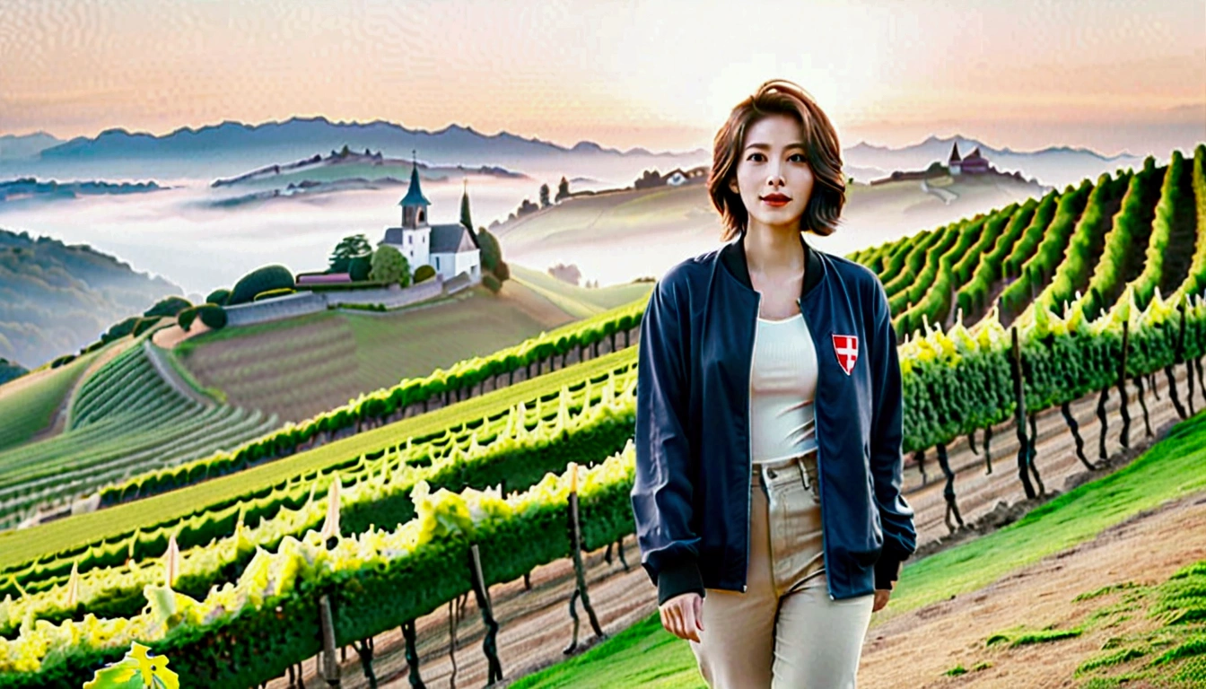 Woman in beautiful landscape 8K highest quality, Beautiful 36-year-old Korean woman, Chest size 34 inches, Passing through vineyards in the Swiss countryside, The cathedral is visible in the early morning fog., The back background is realistic and vivid quality., short medium hair, Casual and British - (summer jacket) ,Perfect and realistic photos, The background is realistic.. Full body shot with Canon camera 16-35 wide angle lens, expressionless, Walking down a vineyard hill covered in thick fog., Walking towards the front camera