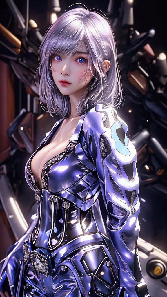 Expressionless, Japanese Beauty, (masterpiece, Highest quality, Super detailed, Best Shadow, Volumetric lighting), (Beautifully detailed face, Beautiful attention to detail), (Best lighting), One woman, Are standing, Facing forward, Purple eyes, Short Hair, Silver Hair, Perm Hair, (Large Breasts), Cleavage, Neon Clothing, (Cowboy Shot:1.3), mksks style, Beautiful background, Professional Lighting, A warm, otherworldly landscape,