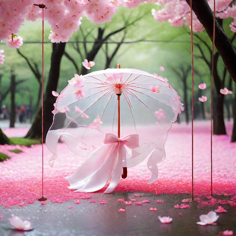 there is a pink umbrella with flowers on it and a white ribbon, flowing sakura silk, flowing sakura-colored silk, 阳umbrella, Sakura Kinomoto, Cherry Blossoms, Fallen cherry blossom petals, 阳umbrellas, Flourishing cherry blossoms, Falling cherry petals, Has a blooming and ethereal effect, umbrella,