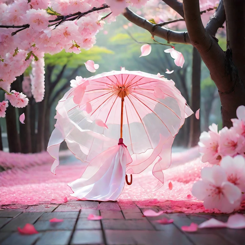 there is a pink umbrella with flowers on it and a white ribbon, flowing sakura silk, flowing sakura-colored silk, 阳umbrella, Sakura Kinomoto, Cherry Blossoms, Fallen cherry blossom petals, 阳umbrellas, Flourishing cherry blossoms, Falling cherry petals, Has a blooming and ethereal effect, umbrella, 