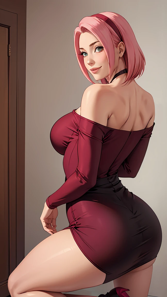 (in charol stiletto senora)((big nude ass))((BOG TITS))((perfect face))((sexy))(((Suit))), Masterpiece， The best quality at the best， 1girll， Sakura Haruno， BIG BREASTS,Off the shoulder clothing，transparent miniskirt ,（neckline)，（Closeup of upper body)，Sexy servant，is shy，smile，with pink hair， Long whitish hair， There is a woman with pink hair and stockings posing in a bathroom, Lower angle, illuminated from behind, on knees, thighs and skirt, on knees, peeping from behind, thighs close up, curvy accentuated booty, Hyperrealistic  in tight short dress , tucked knees, bend, hugging his knees, illuminated from below, View from behind
