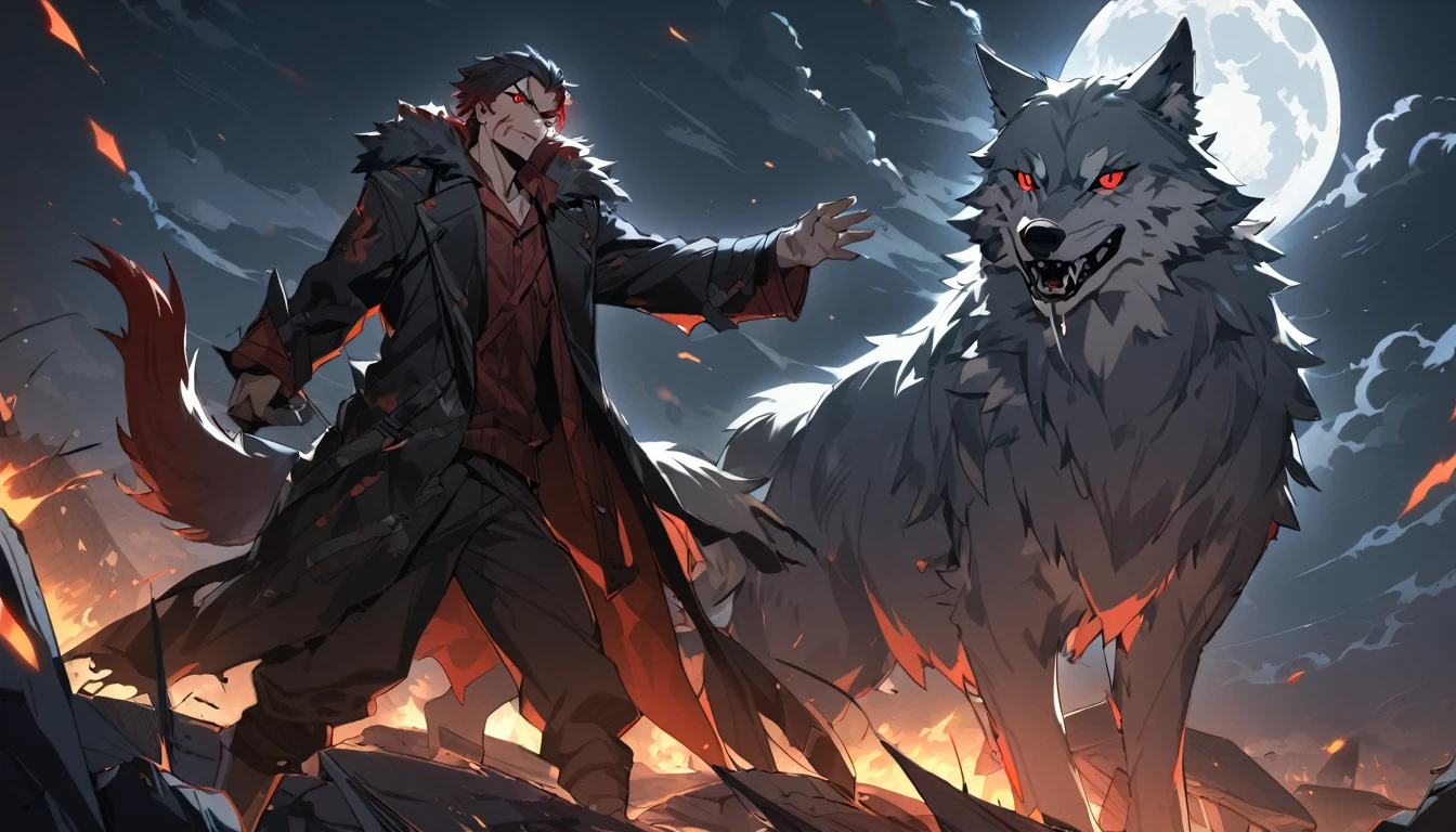 ((1 Guy)), ((Wolf)), Black Coat, ((Red Eyes)), ((Possessive)), ((Long Tail)), Angry, Scars, Night, Moon, HD, High Resolution, 4K