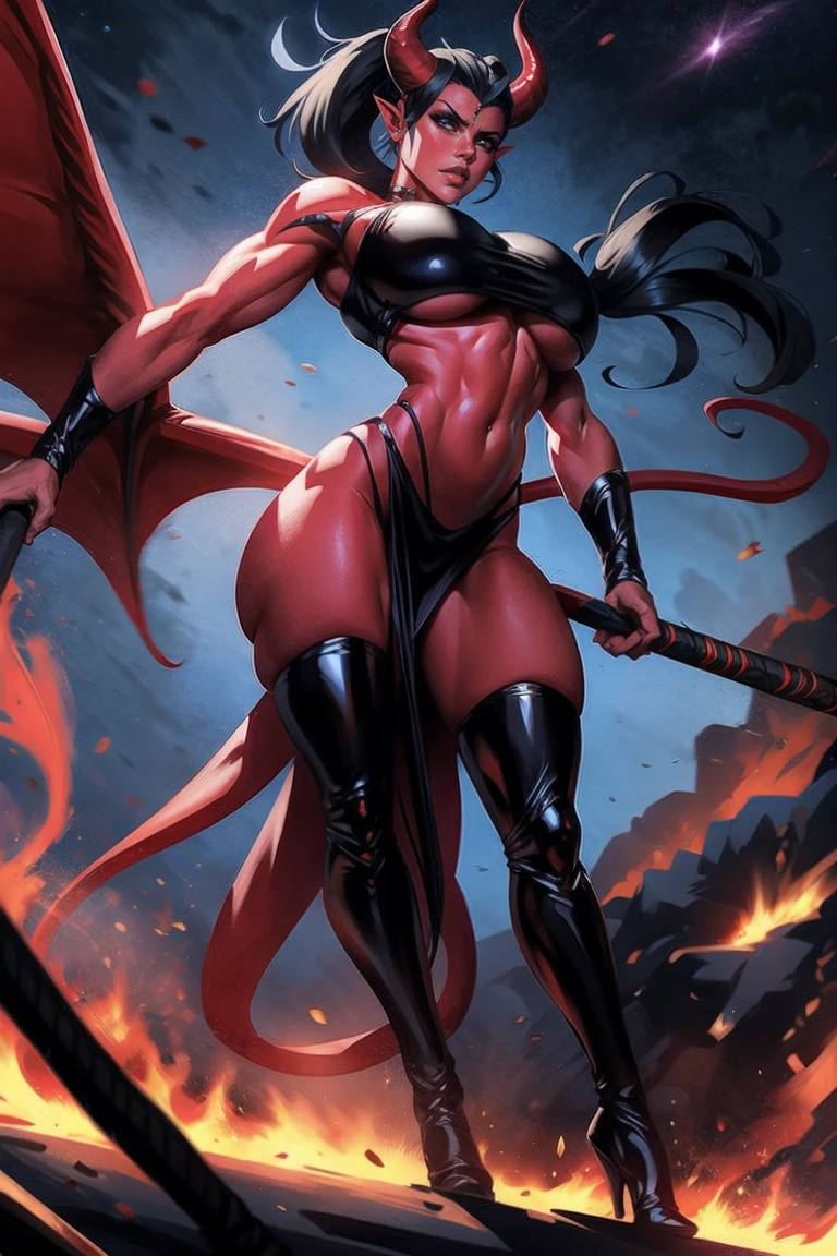 Red skin succubus tiefling, medium breasts, black horns, wings, huge tail, black leather, crop top, long flowing pelvic curtain, tall, toned, graceful, thin, long black ponytail. Action scene, whip. Dark scene, explosions, night sky.