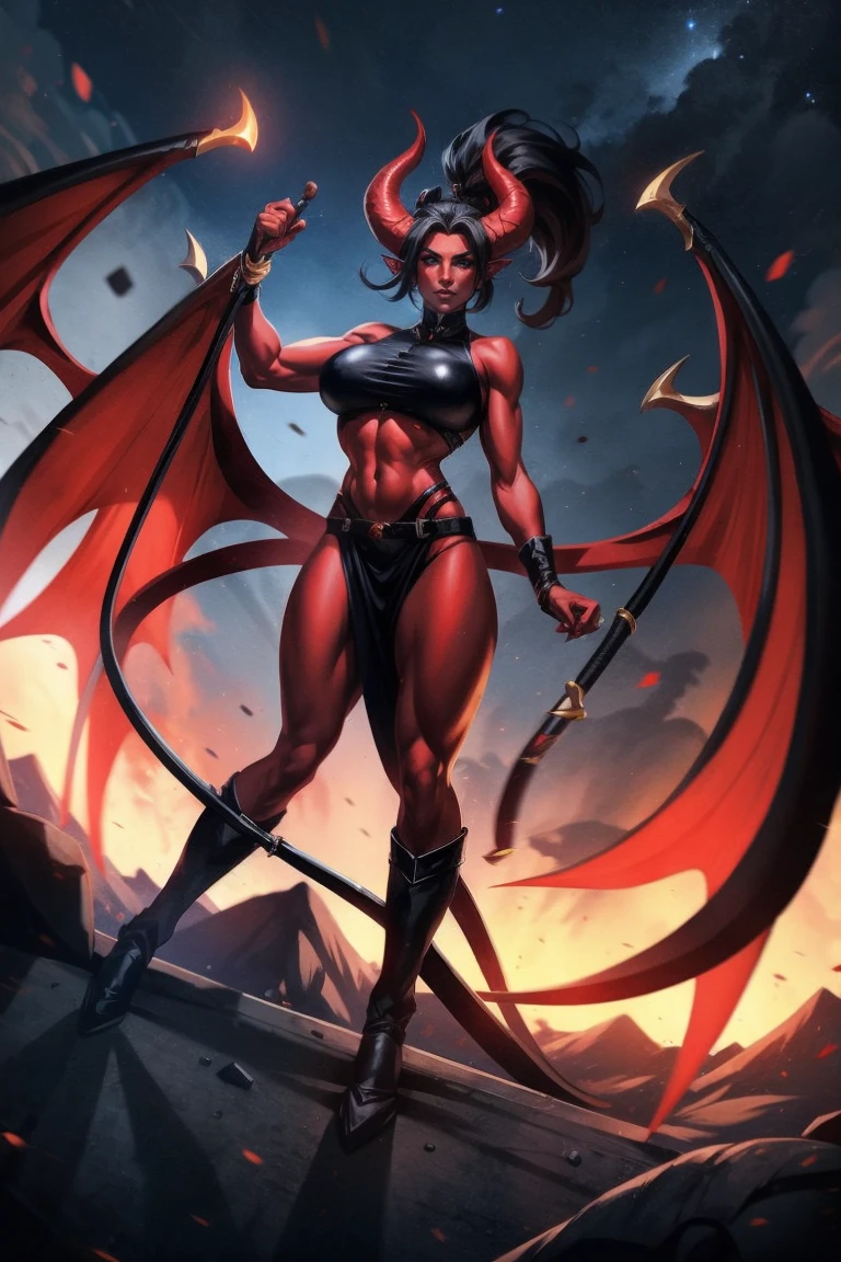 Red skin succubus tiefling, medium breasts, black horns, wings, huge tail, black leather, crop top, long flowing pelvic curtain, tall, toned, graceful, thin, long black ponytail. Action scene, whip. Dark scene, explosions, night sky.