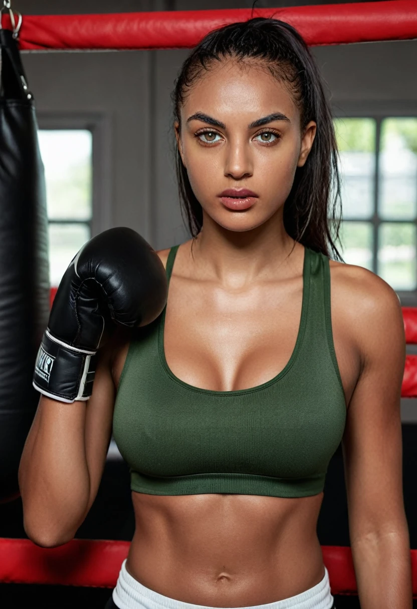 A woman in a boxing ring posing for a photo, wmma. A woman in a black tank top and red boxing gloves. Portrait of a female boxer, fierce expression, sweat on her face, boxing gloves, [Realistic], (strong lighting: 1.2), (boxing ring scene: 1.1), (4k resolution. Black sports bra and shorts, Boxer gloves, With attentive eyes, boxing stance, waist line 1 hyper-realistic real photo, frontal close-up, swinging a boxing glove in front of the camera with passion and anger, preparing to throw a strong punch Completely Arafed woman with green eyes. head up. Pose of a strong, muscular woman, determined expression, fierce look, athletic build, confident pose, beautiful young black woman 25 years old with voluminous dark skin with brown highlights, green eyes, beautiful green eyes, green eyes,. realistic, detailed green eyes, ultra-realistic, symmetrical, hyper-realistic (eyeliner, long and perfect eyelashes, the nose is small and proportional to the face and the soft contour of the face that accentuates the high cheekbones, attractive mouth and). irresistible, well-defined lips, full lips, voluminous lips, seductive lips, captivating, striking, unforgettable and enigmatic black lipstick. The face is oval, with high cheekbones and a well-defined chin, a beautiful and detailed face. Black lipstick, gothic makeup. Skin tone: Olive skin, healthy and even glow, with olive skin, dark skin, sexy girl with olive skin, detailed skin texture, beautiful and glowing skin, intricate details, smooth skin, healthy and radiant appearance. Hourglass body, voluptuous body, slender woman, Huge breasts, well-toned tummy, slim waist, Wide hips, big hips, huge butt, thick thighs, Long shapely legs. 50mm lens, f/2.8, hdr, RAW photo (8K), high quality resolution 8K uhd, dslr, 2k, 4K, 8K, 16K.