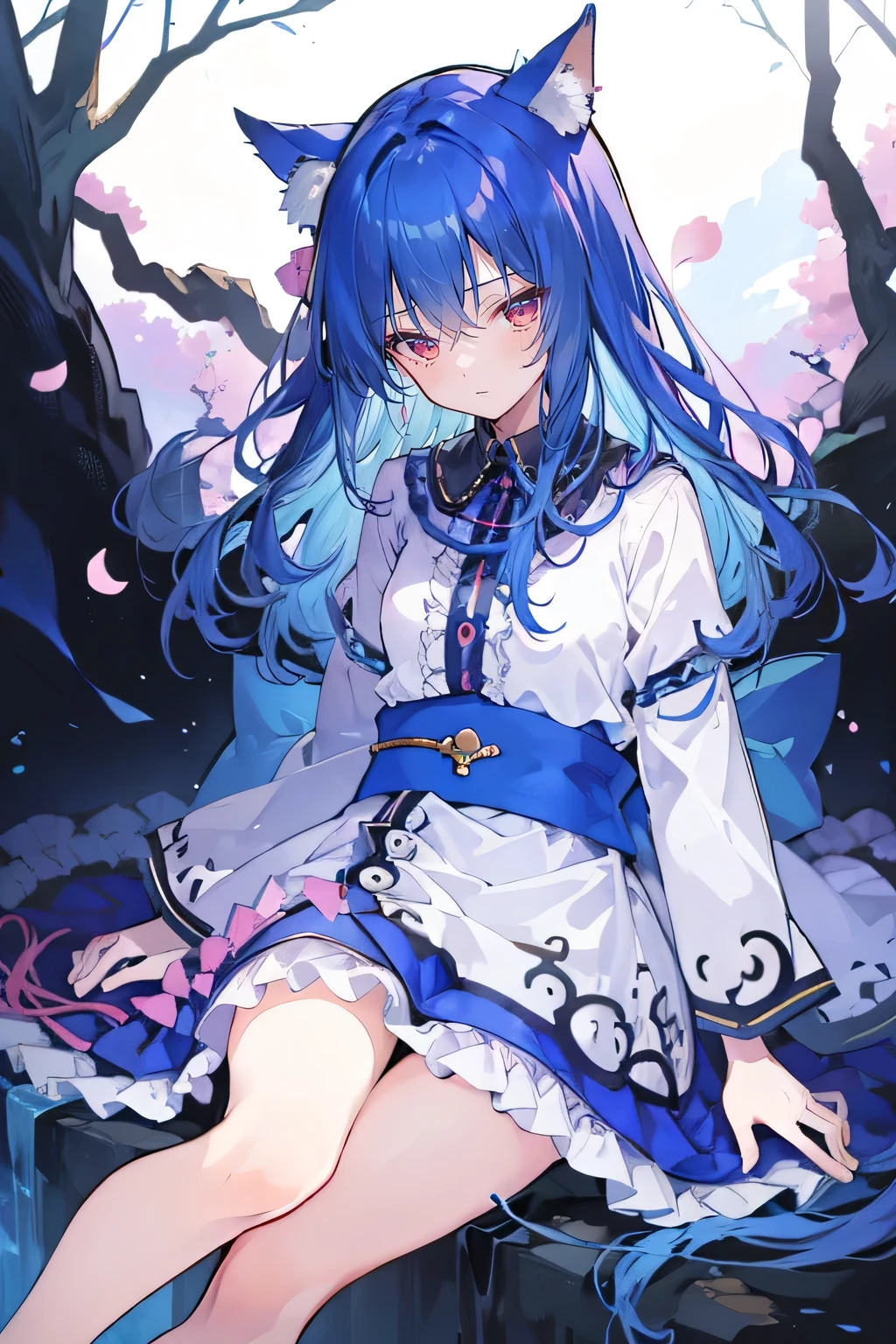 (masterpiece:1.2),Super detailed,lifelike,Expressive eyes,fair skin,perfect face shape,1 girl,
Japanese comics,Gorgeous blue hair,flowing blue hair,flowing clothes,Cat ears,Petals fall,beautiful lola,Baby Angel,
,Cross your legs,Gentle and peaceful background,The pavilion is cool and comfortable,