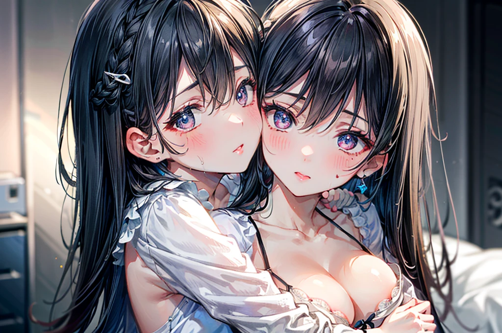 (Best quality, 8k, 32k, Masterpiece, UHD,:1.2),RAW, (((2girl))),ultra cute , natural lighting,transparent shining eyes, 20yo ,fair complexion, (ecstasy:0.8) ,(slut:0.8), (vulgarity:0.8), (fucked silly:0.8),(steam:0.8),(trembling:1.3)),((Nightgown )) , ((White backgroud)), face Closeup, Closeup face, head shot, Cleavage, shiny, kiss, kissing, French braid, hugging, hug From back