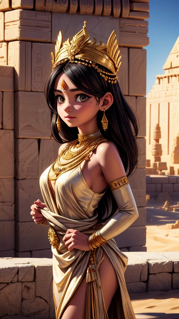 a beautiful desert princess, watching the construction of pyramids, intricate golden jewelry and ornate headdress, long flowing robes, detailed facial features, serene expression, warm desert lighting, vast desert landscape, ancient Egyptian architecture, photorealistic, cinematic composition, highly detailed, 8k, masterpiece