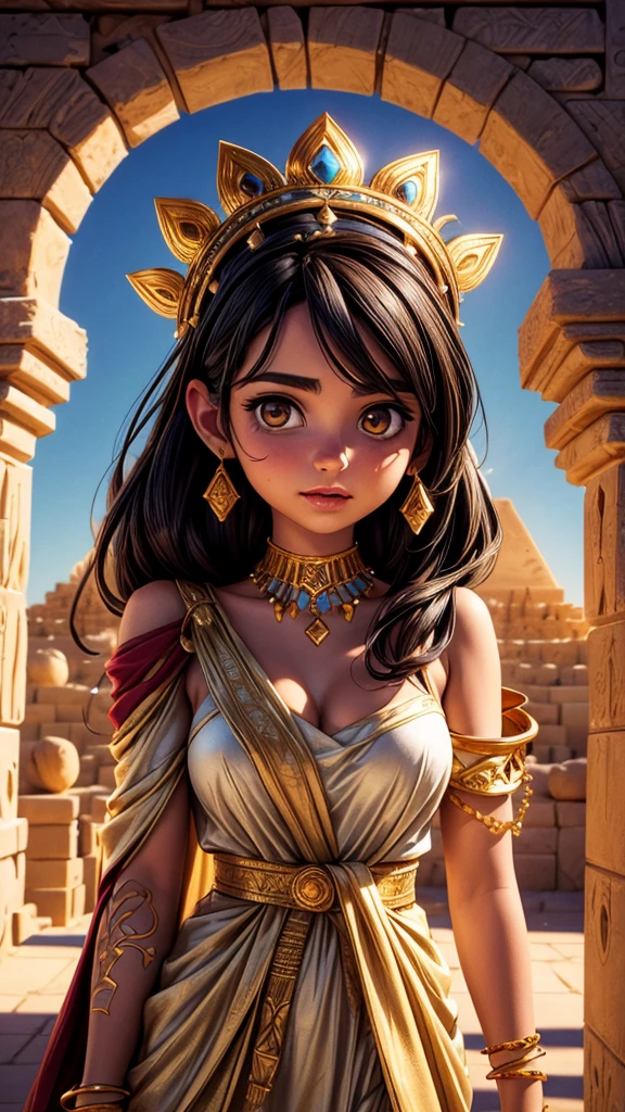 a beautiful desert princess, watching the construction of pyramids, intricate golden jewelry and ornate headdress, long flowing robes, detailed facial features, serene expression, warm desert lighting, vast desert landscape, ancient Egyptian architecture, photorealistic, cinematic composition, highly detailed, 8k, masterpiece