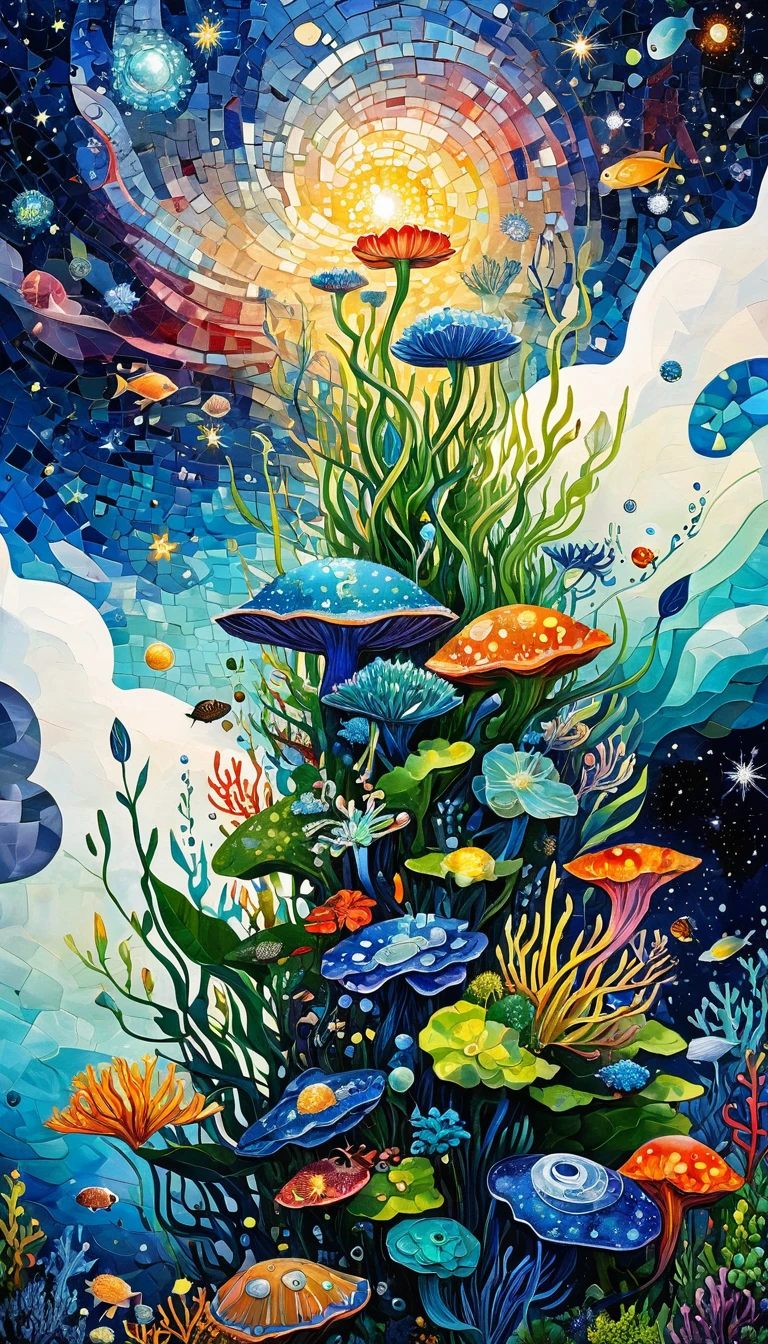 Thickly painted oil painting,Stacked textures,texture,Light and Shadow:microorganism、plant、Marine Life、Exquisite eyes、Starry Sky,Abstract mosaic painting,Describing the inner world of autistic people,3D spatial sense,White space,interesting,Innocence,Psychedelic Art,Strong contrast between light and dark