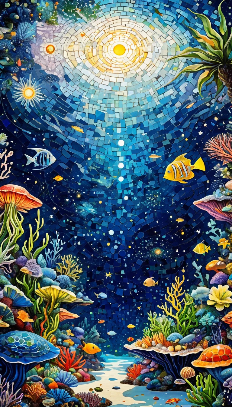 Thickly painted oil painting,Stacked textures,texture,Light and Shadow:microorganism、plant、Marine Life、Exquisite eyes、Starry Sky,Abstract mosaic painting,Describing the inner world of autistic people,3D spatial sense,White space,interesting,Innocence,Psychedelic Art,Strong contrast between light and dark