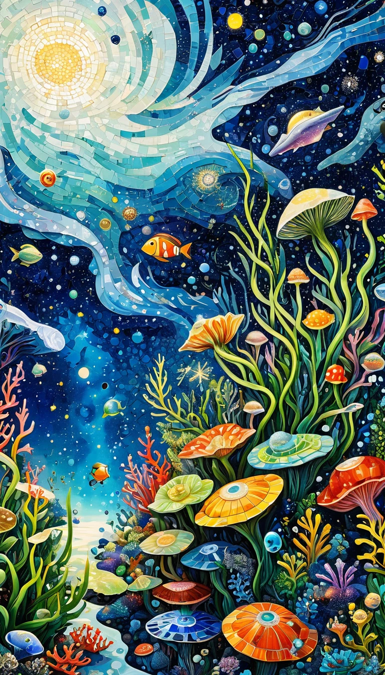 Thickly painted oil painting，Stacked textures，texture，Light and Shadow：microorganism、plant、Marine Life、Exquisite eyes、Starry Sky，Abstract mosaic painting，Describing the inner world of autistic people，3D spatial sense，White space，interesting，Innocence，Psychedelic Art，Strong contrast between light and dark