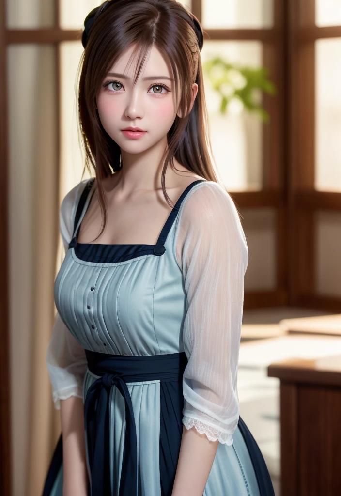 8K, of the highest quality, masutepiece:1.2), (Realistic, Photorealsitic:1.37), of the highest quality, masutepiece, Beautiful young woman, Pensive expression,、A charming、and an inviting look, Cute Maid Clothes, Hair tied back, Cinematic background, Light skin tone