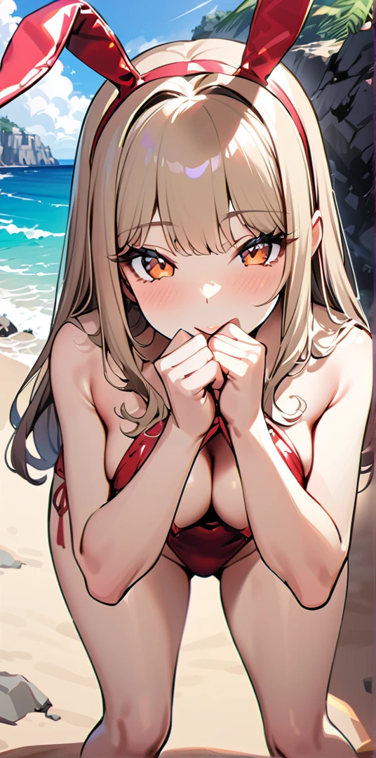 ((Highest quality、、masterpiece:1.3)), Upper Body、Long legs、Sharp focus:1.2, Beautiful woman with perfect figure:1.4、(Smiling:1.2), double eyelid、30-year-old female、Sexy pose、((((Close your mouth、One Woman、Bunny girl,Beach、Tropical、Sandy Beach、Rocky area、Ocean))))