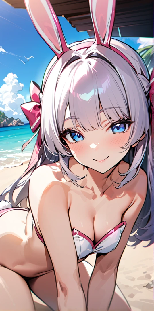 ((Highest quality、、masterpiece:1.3)), Upper Body、Long legs、Sharp focus:1.2, Beautiful woman with perfect figure:1.4、(Smiling:1.2), double eyelid、30-year-old female、Sexy pose、((((Close your mouth、One Woman、Bunny girl,Beach、Tropical、Sandy Beach、Rocky area、Ocean))))