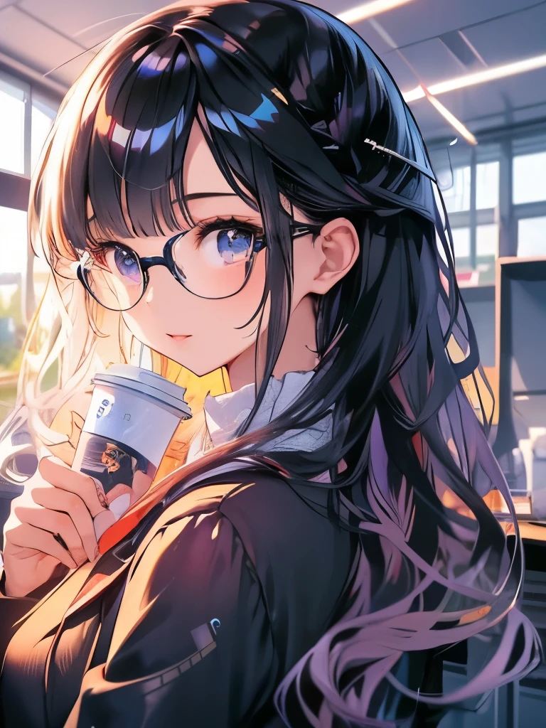 masterpiece、girl、Black Hair、Long Hair、Glasses、company employee、Wearing a suit、(((computer)))、Coffee cup、A desk with lots of documents、office、office