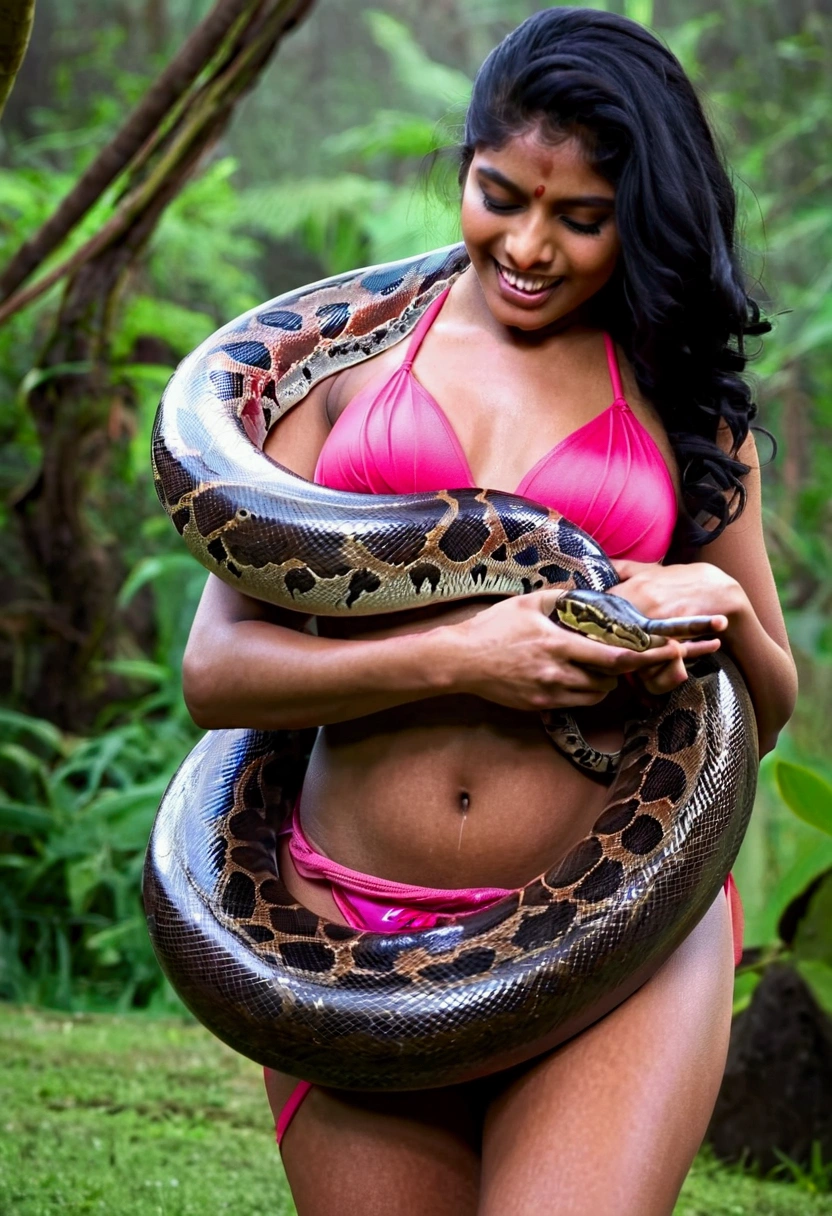  Happy Horny, aroused 1girl), beautiful Indian   girl wearing pink thong   with  giant colossal Kaa monster squeezing her hard, wrapped in thick spiraling coils, constricted, struggle, gasping for air, snake attack, snake peril 