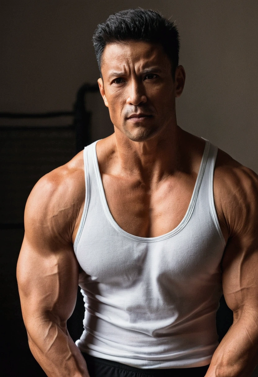 A muscular man wearing a white tank top and were trunk black underwear