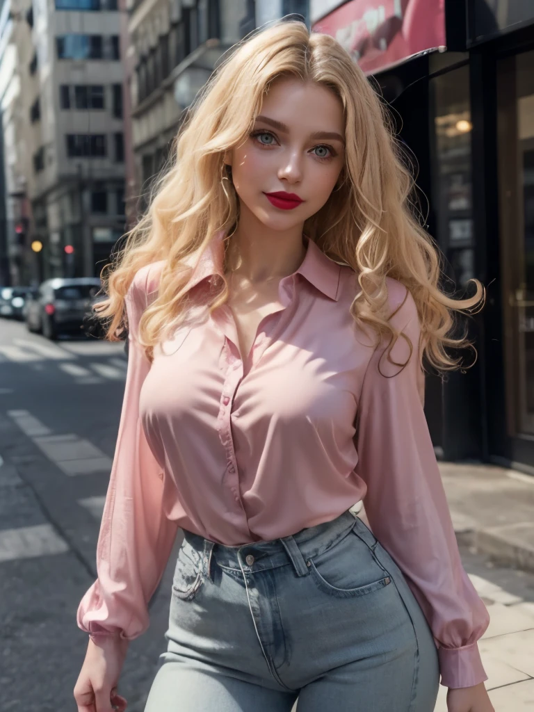 Caucasian woman, ((blonde hair)), ((curly hair)), ((long hair)), ((olive green eyes)), ((lined eyes)), shiny eyes, highlights eyes, ((red lipstick)), ((makeup)), smile, (athletic body), small breasts, (((legs))), legs, (blue jeans), (((pink blouse))), standing in city, side shot. 