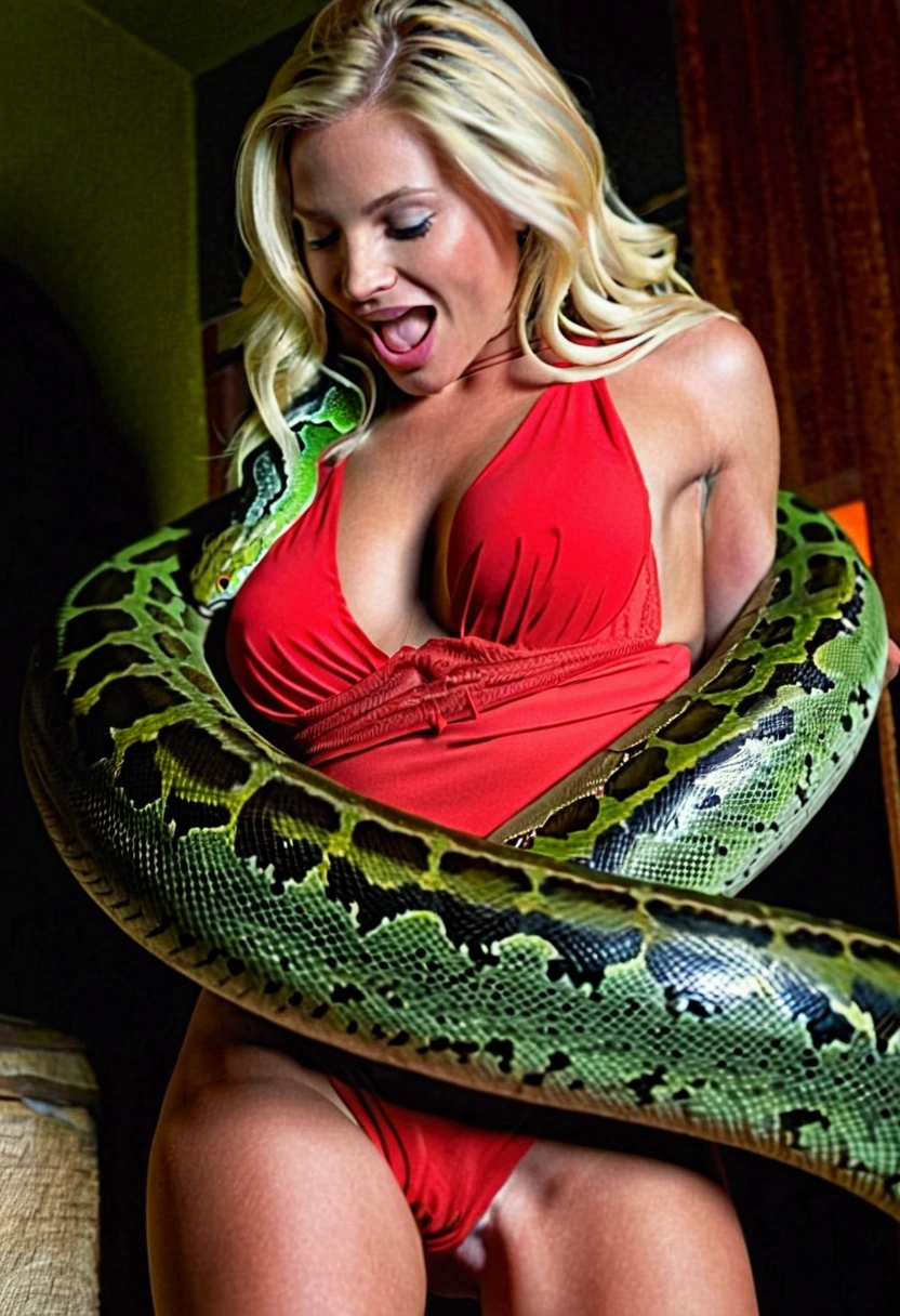 Happy Horny, aroused 1girl), beautiful blonde  girl  wearing red thong with  giant colossal green Kaa monster squeezing her hard, wrapped in thick spiraling coils, constricted, struggle, gasping for air, snake attack, snake peril, moonless night, dim light