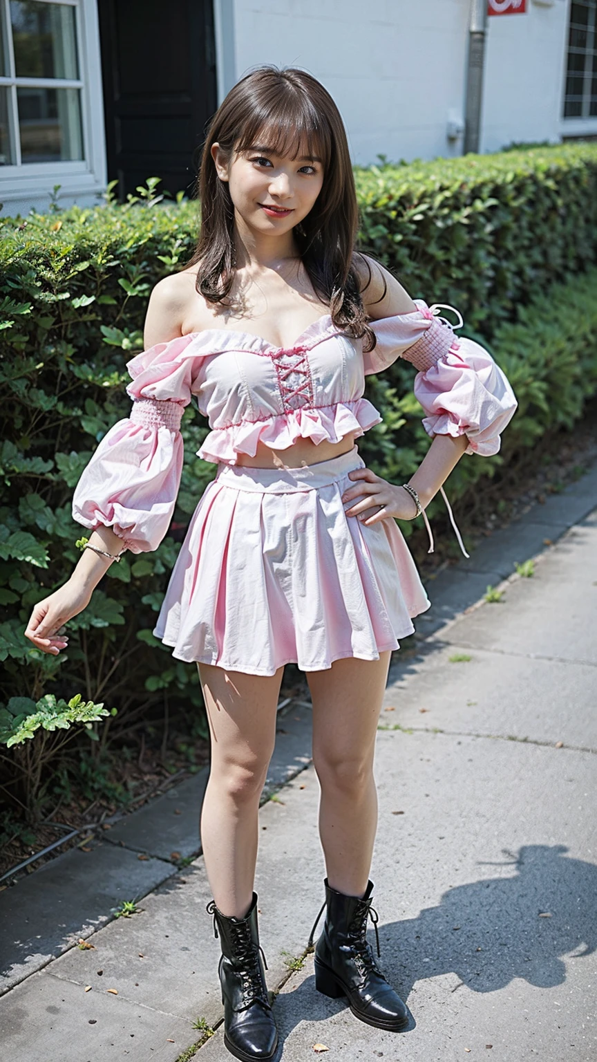 (8K、Raw photo、highest quality、masterpiece:1.2)、(realistic、Photoreal)、1 girl、((mini skirt、ribbon、Idol、pink costume、Navel exposed、cloak、stand with hands on hips、Seen from the front、live stage、smile、Are standing))、lots of eyelashes、Glitter on your eyelids、skeletally correct
