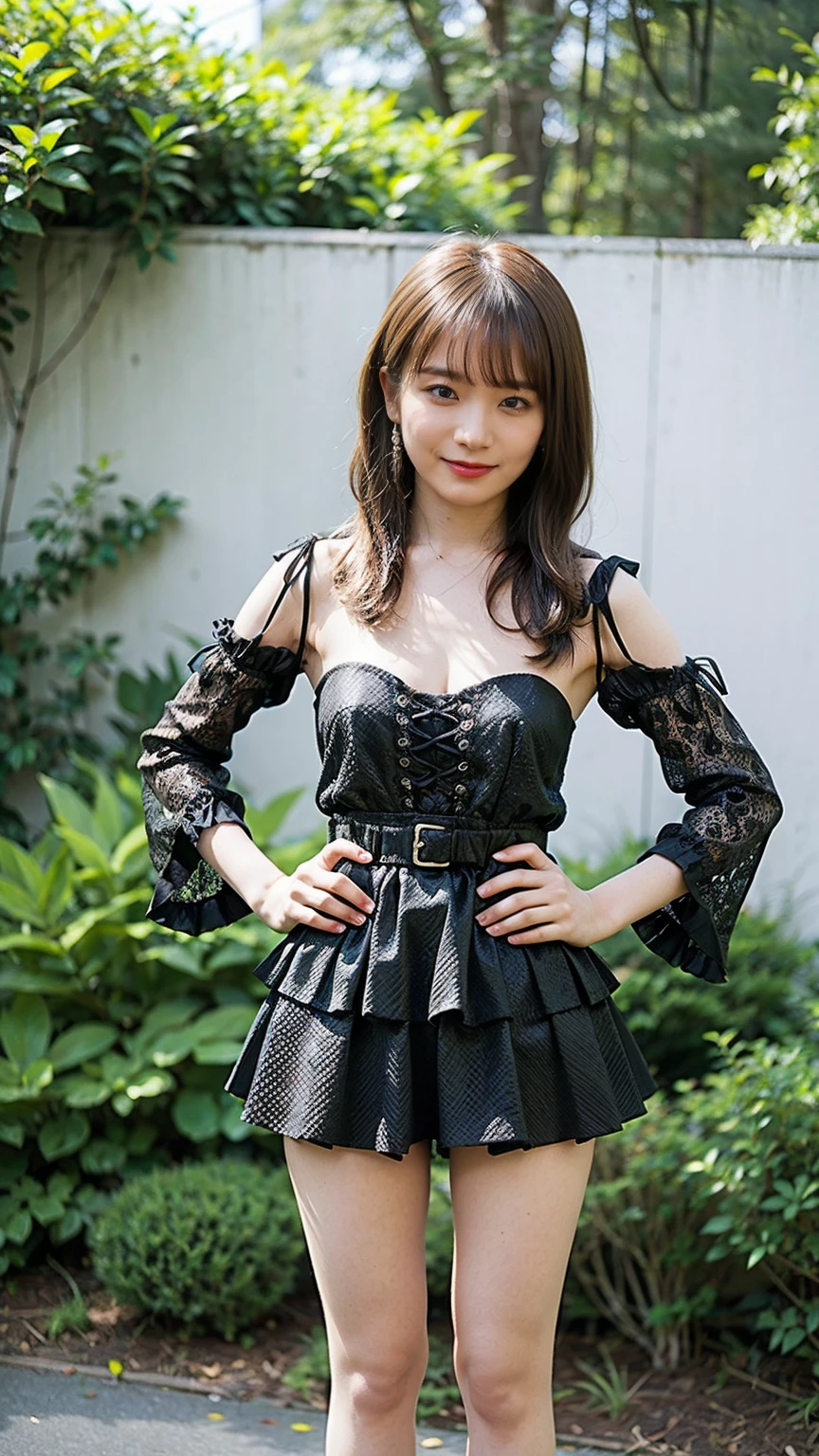 (8K、RAW Photos、Highest quality、masterpiece:1.2)、(Highest quality、Realistic)、1 Girl、((ribbon、Tube top、Medium Hair、Big Breasts、Breast enlargement、smile、Pink and black、mini skirt、Thin legs、whole body、boots、garden、View from the front、Looking into the camera、Idol Costume、Stand with hands on hips))、cute