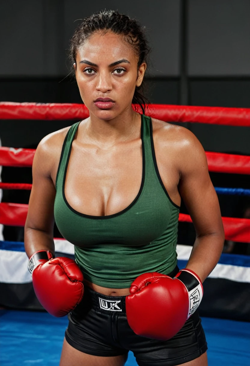 A woman in a boxing ring, wmma. A woman in a black tank top and red boxing gloves. Portrait of a Boxer fallen in the Ring, knocked out, She is lying down, and she appears to be feeling pain or discomfort, with an expression of suffering on her face, The scene conveys the feeling of a difficult moment during the fight. fierce expression, sweat on face, boxing gloves, [Realistic], (strong lighting: 1.2), (boxing ring scene: 1.1), (4k resolution. Black sports bra and shorts, boxer gloves.Woman completely Arafed with green eyes. Pose of a strong, muscular woman, determined expression, fierce look, athletic build, confident pose, beautiful 25 year old black woman with voluminous dark skin with brown highlights, green eyes, beautiful green eyes, realistic green eyes , detailed. eyes, ultra-realistic, symmetrical, hyper-realistic (eyeliner, long and perfect eyelashes, the nose is small and proportional to the face and the soft contour of the face that accentuates the high cheekbones, attractive and irresistible mouth). defined lips, full lips, voluminous lips, seductive lips, captivating, striking, unforgettable and enigmatic black lipstick. The face is oval, with high cheekbones and a well-defined chin, a beautiful and detailed face. skin: Olive skin, healthy and even glow, with olive skin, dark skin, sexy girl with olive skin, detailed skin texture, beautiful and shiny skin, intricate details, smooth skin, healthy and radiant appearance. Hourglass body, voluptuous body, slender woman, Huge breasts, well-toned belly, slim waist, Wide hips, big hips, huge butt, thick thighs, Long shapely legs. 50mm lens, f/2.8, hdr, RAW photo (8K), high quality resolution 8K uhd, dslr, 2k, 4K, 8K, 16K. Fight defeat pose, fight failure, countdown, knockout.