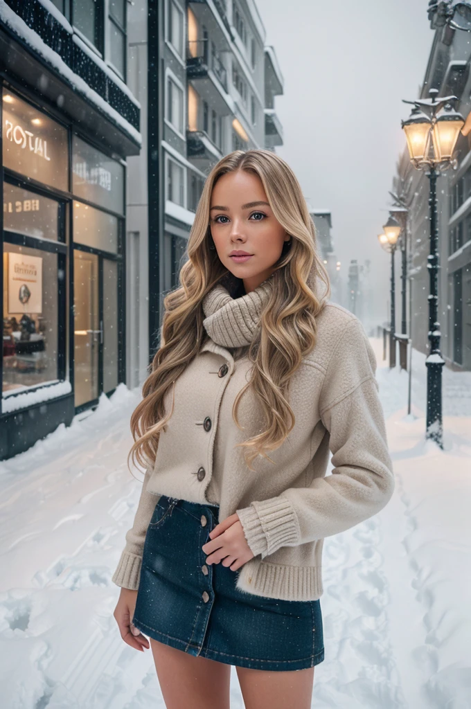 professional portrait photograph of a gorgeous Norwegian girl in winter clothing with long wavy blonde hair, sultry flirty look, gorgeous symmetrical face, cute natural makeup, wearing elegant warm winter fashion clothing, ((standing outside in snowy city street)), stunning modern urban environment, ultra realistic, concept art, elegant, highly detailed, intricate, sharp focus, depth of field, f/1. 8, 85mm, medium shot, mid shot, (((professionally color graded))), bright soft diffused light, (volumetric fog), trending on instagram, hdr 4k, 8k