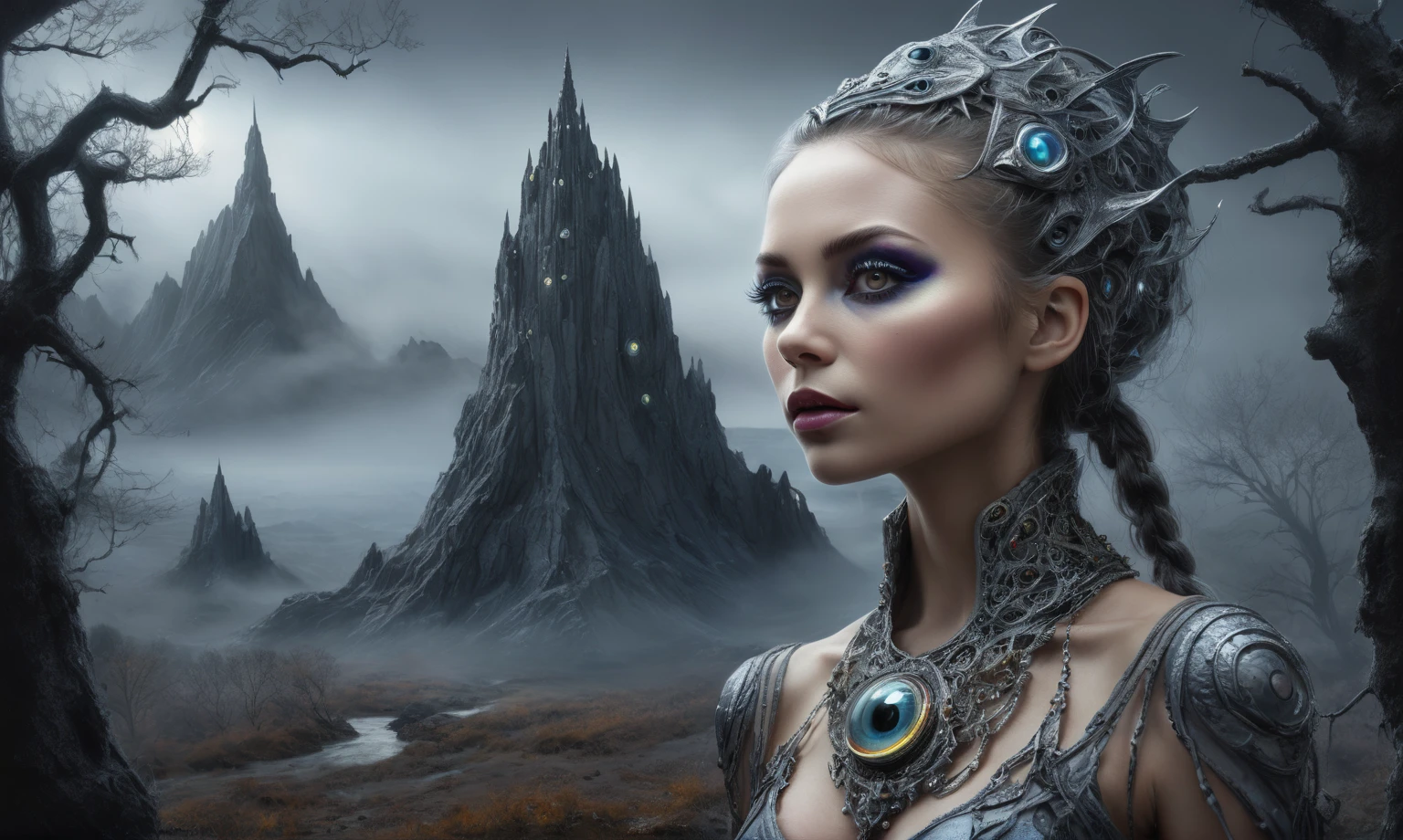 graphite old witch,ashes after the battle,battlefield,winter,intricate landscape,slate grey atmosphere,glare eyes,film grain,dramatic light,woods,luminous eyes,extremely detailed, [night landscape],masterpiece,intricate details,faded,psychic eyes extremely detailed, high detailed eyes,16k resolution,RAW, Nikon Z9,full-body-shot,Vview from height,full body length shot,vampire,girl,native african,lovely face,jealous,another world,ring of truth,French Braid with a Twist,,by jimmy chin,view from height,once pretty face,full body shot,ominous landscape,glate gray atmosphere,by art Simon Stalenhag,Nicola Samori,(((Wangechi Mutu))),prime colors,Lisa Frank,urban,extremely detailed, masterpiece,intricate details,fade,niobium lather,South Africa,dark fantasy, Alien Nordic reptillian from venus and norway, captivating, in vibrant jewels.Her accessories include high tech quantum neural lace and glowing platinum plasma body sheath, eyes glowing, bokeh, lens flres, fisheye lens, perfect composition, beautiful detailed intricate insanely detailed octane render trending on artstation,  photorealistic concept art, soft natural volumetric cinematic perfect light, chiaroscuro, award - winning photograph, masterpiece, oil on canvas, raphael
