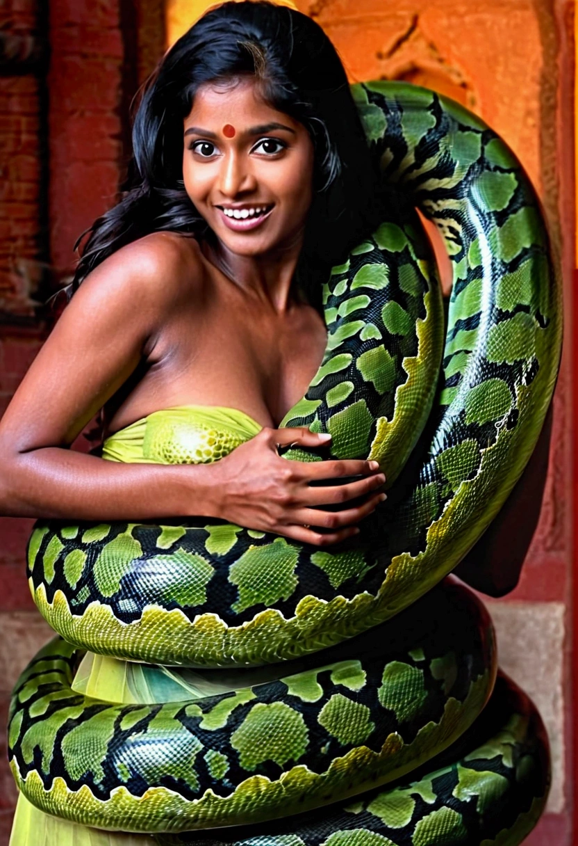 Happy Horny, aroused 1girl), beautiful Indian young teen girl with giant colossal Kaa monster squeezing her hard, wrapped in thick spiraling coils, constricted, struggle, gasping for air, snake attack, snake peril