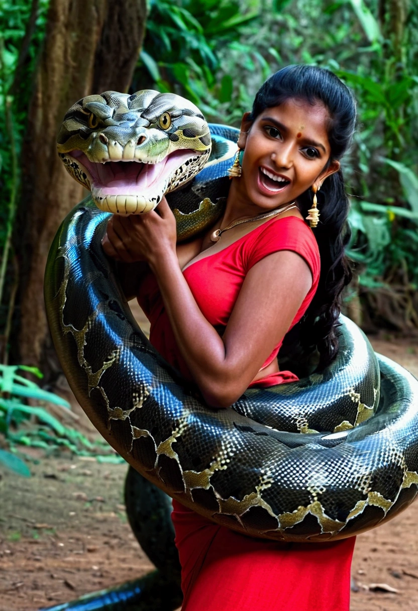  Happy Horny, aroused 1girl), beautiful Indian   girl  with  giant colossal Kaa monster squeezing her hard, wrapped in thick spiraling coils, constricted, struggle, gasping for air, snake attack, snake peril 