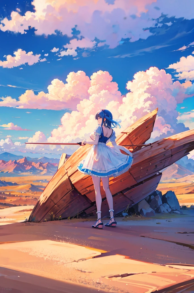 Masterpiece, ultra detailed, beautiful,Super Saturation, desert,1 girl, desert princess, anime picture, arcadia , from a distance, landscape,Nevada,desert:1.6
