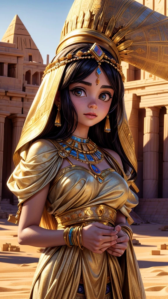 a beautiful desert princess, watching the construction of pyramids, intricate golden jewelry and ornate headdress, long flowing robes, detailed facial features, serene expression, warm desert lighting, vast desert landscape, ancient Egyptian architecture, photorealistic, cinematic composition, highly detailed, 8k, masterpiece