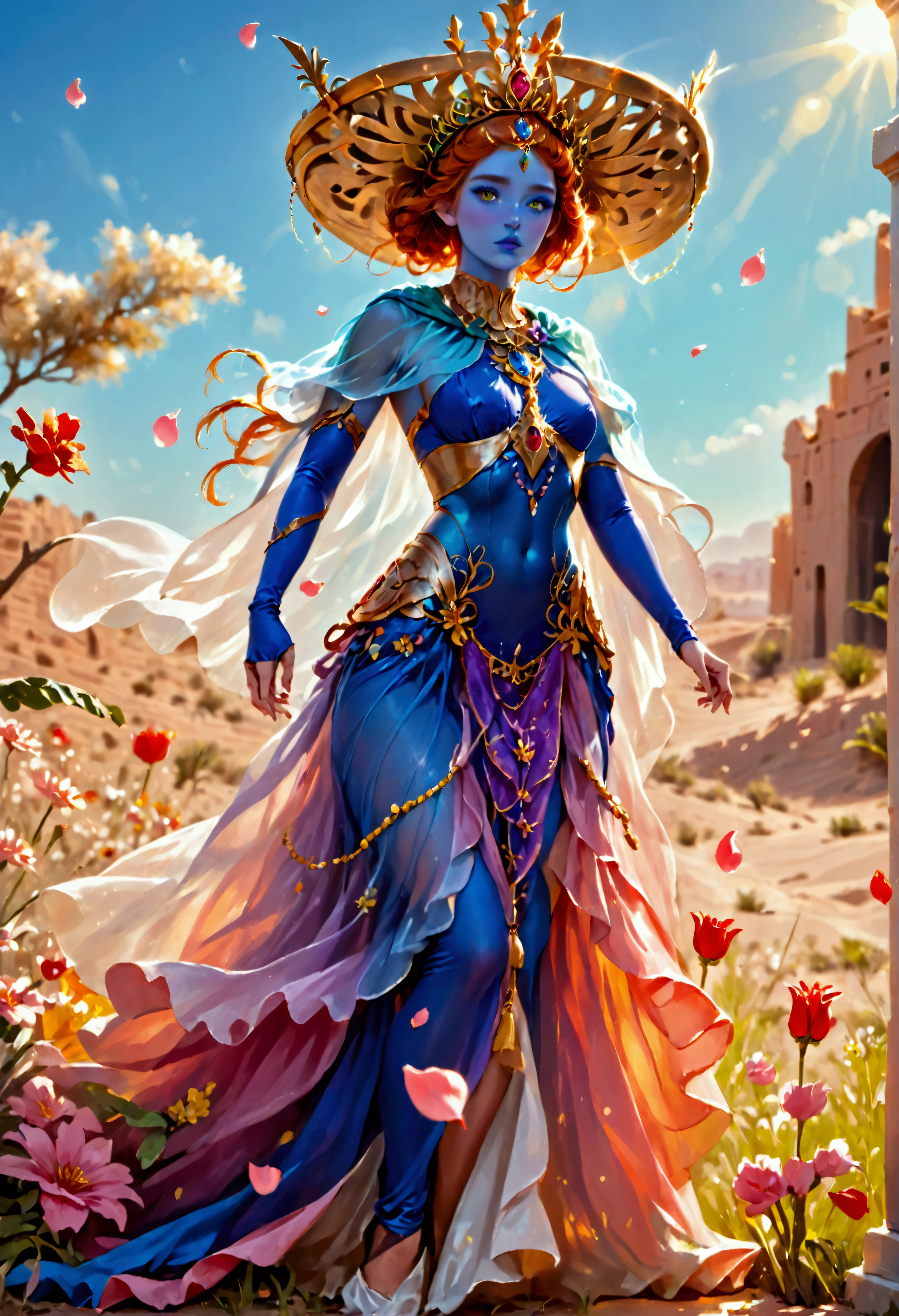 A huge blue-green humanoid female with a broad mouth, wearing a royal tiara and a sheer colorful cloak, riding on a hover barge in a desert setting, with slaves tossing flower petals around her, hyper detailed, ultra-realistic, 8K, photorealistic, intricate details, cinematic lighting, lush colors, dramatic shadows, volumetric lighting, depth of field, award winning digital art