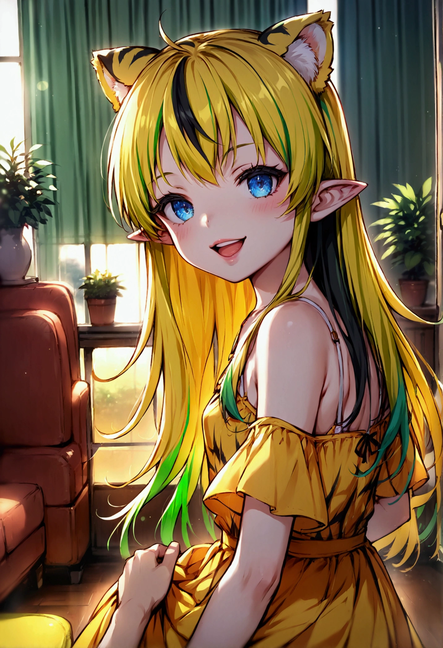(lum:1.2), 1girl, long hair, (tiny horns), (score_9, score_8_up, score_7_up), small pointy ears, masterpiece, best quality, absurdres, unity, 8k, wallpaper, hi res, highly detailed face, highly detailed eyes, blue eyes, (intricate details:1.4), (two-tone hair, green hair, black hair:1.1), perfect anatomy, super detailed skin, 1980s style, anime style, (full body), (dynamic angle, dynamic pose:1.3), yellow tiger-stripped summer dress, off shoulder, indoors, living room, pov, full lips, depth of field, blurry background, foreshortening, female focus, couch, from behind, looking back, from_behind, uncensored, smug laugh, mouth open, blush, hands on another's hips, skirt lift, ass, Possmach, skinny, thin, slim, skinny legs, small butt, short stature, 1980's style, from side, young, short stature, young age,