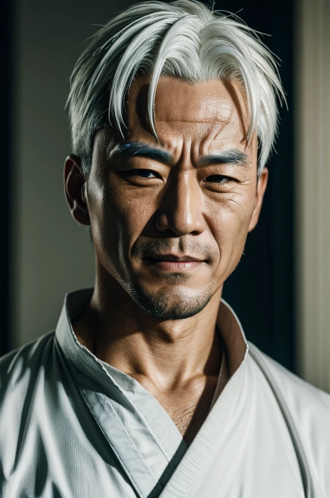 A close-up portrait of Satoru Gojo from Jujutsu Kaisen, capturing only his face. His iconic white hair falls over his forehead, with a few strands covering his blindfolded eyes. The blindfold is dark and tied securely around his head, emphasizing his confident and slightly mischievous smile. His strong jawline and defined features are clearly visible, with a subtle glow highlighting his face, adding a touch of mystique. The background is blurred to keep the focus on Gojo's striking visage.