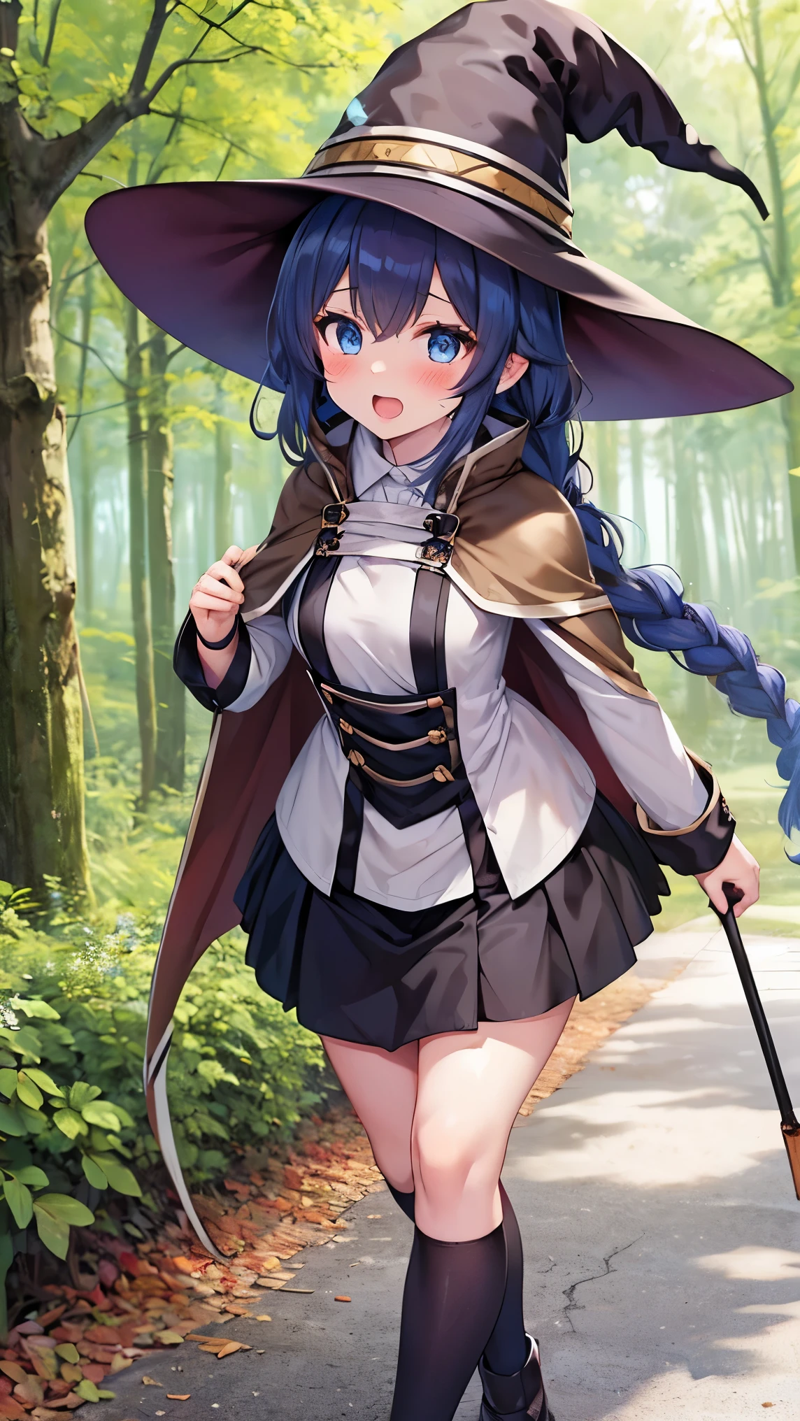 best quality,(little girl,loli),curvy,orgasm,blush,(roxy migurdia), blue eyes, blue hair, bangs, brown cape, witch hat, braid,((walking1.3)),forest,forest林