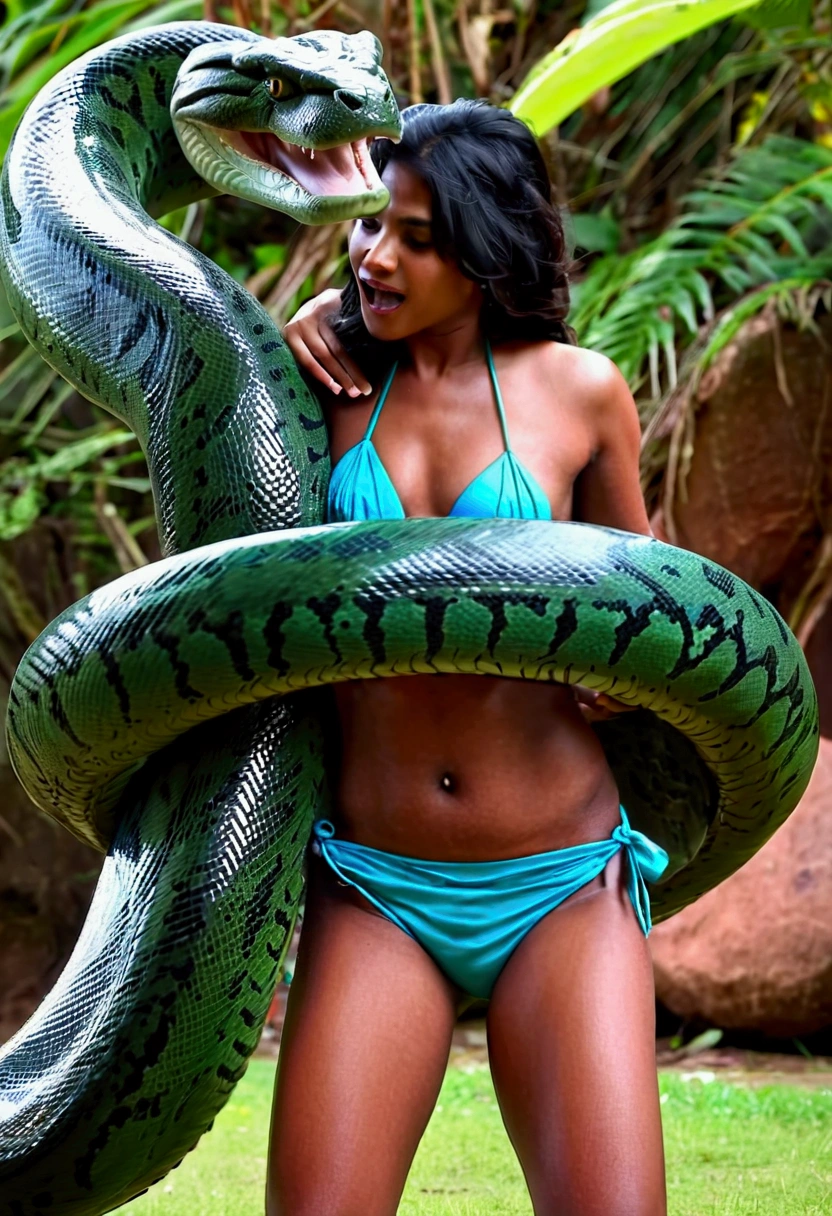  Happy Horny, aroused 1girl), beautiful Indian  young  girl  wearing bikini  with  giant colossal Kaa monster squeezing her hard, wrapped in thick spiraling coils, constricted, struggle, gasping for air, snake attack, snake peril 