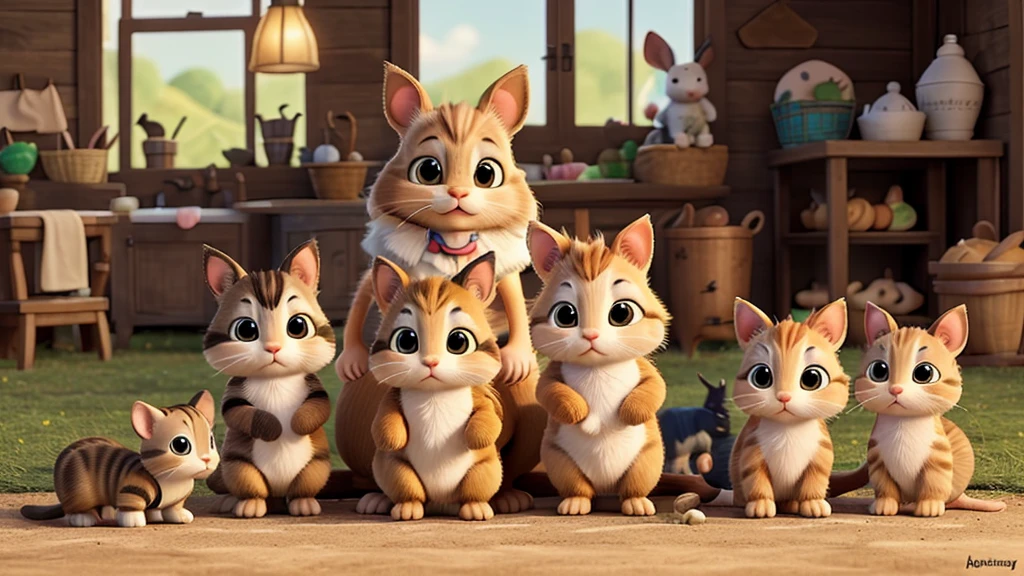 A bunny and a kitten, surrounded by a mouse, a foal, a dog, a hen, and a kitten, all happy, with a farm background.