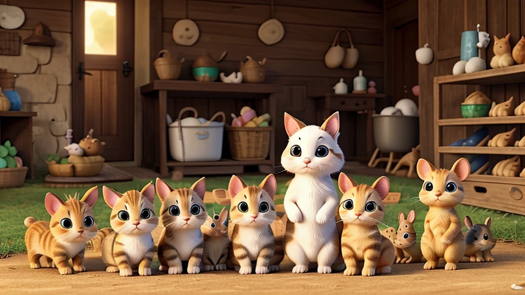 A bunny and a kitten, surrounded by a mouse, a foal, a dog, a hen, and a kitten, all happy, with a farm background.