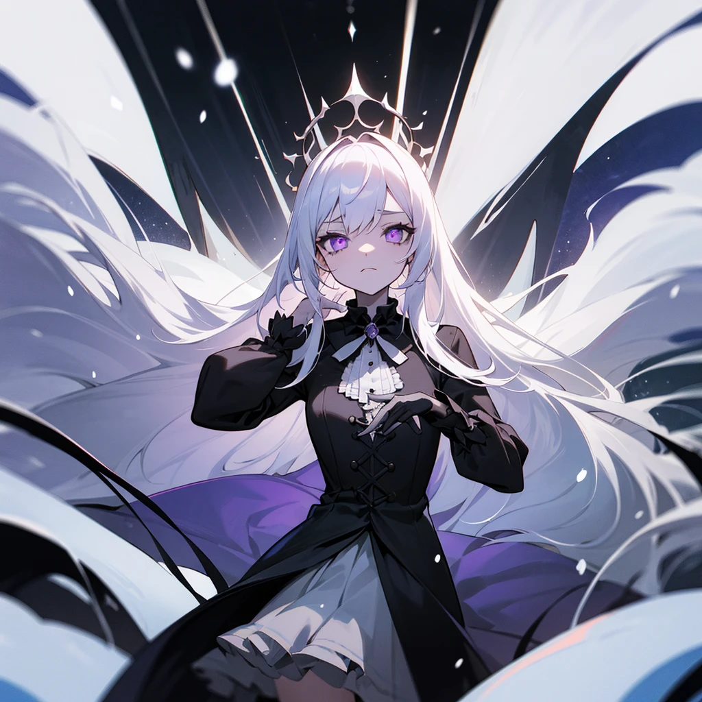 dark and swirling, the patrimonial accent of the present time to gallant lady, dark and noble, her black felt adorns her subtle figure, her violet eyes lit, the eternal snow of her white hair, her malevolent and divine routine of the merciless but kind saint, cold as the night of infinity, her emotions emaciated as if they would soon die, eternal violet eyes, gothic_lolita, expresionless