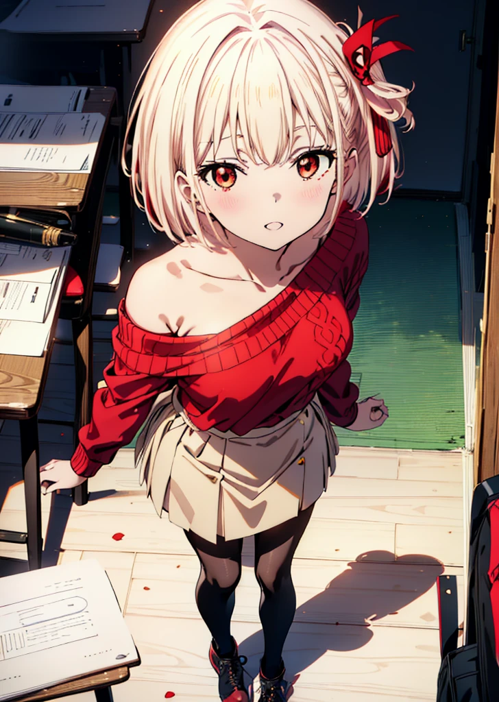 Chisato Nishikigi, short hair, bangs, Blonde, (Red eyes:1.5), hair ribbon, One side up, Bobcut,happy smile, smile, Open your mouth,Black-rimmed glasses,Red one-shoulder sweater,mini skirt,Black pantyhose,short boots,There is food on the table,トレイ in one hand,Chair,Walking,whole bodyがイラストに入るように,
break indoors,School,canteen,
break looking at viewer, whole body,
break (masterpiece:1.2), Highest quality, High resolution, unity 8k wallpaper, (figure:0.8), (Beautiful attention to detail:1.6), Highly detailed face, Perfect lighting, Highly detailed CG, (Perfect hands, Perfect Anatomy),