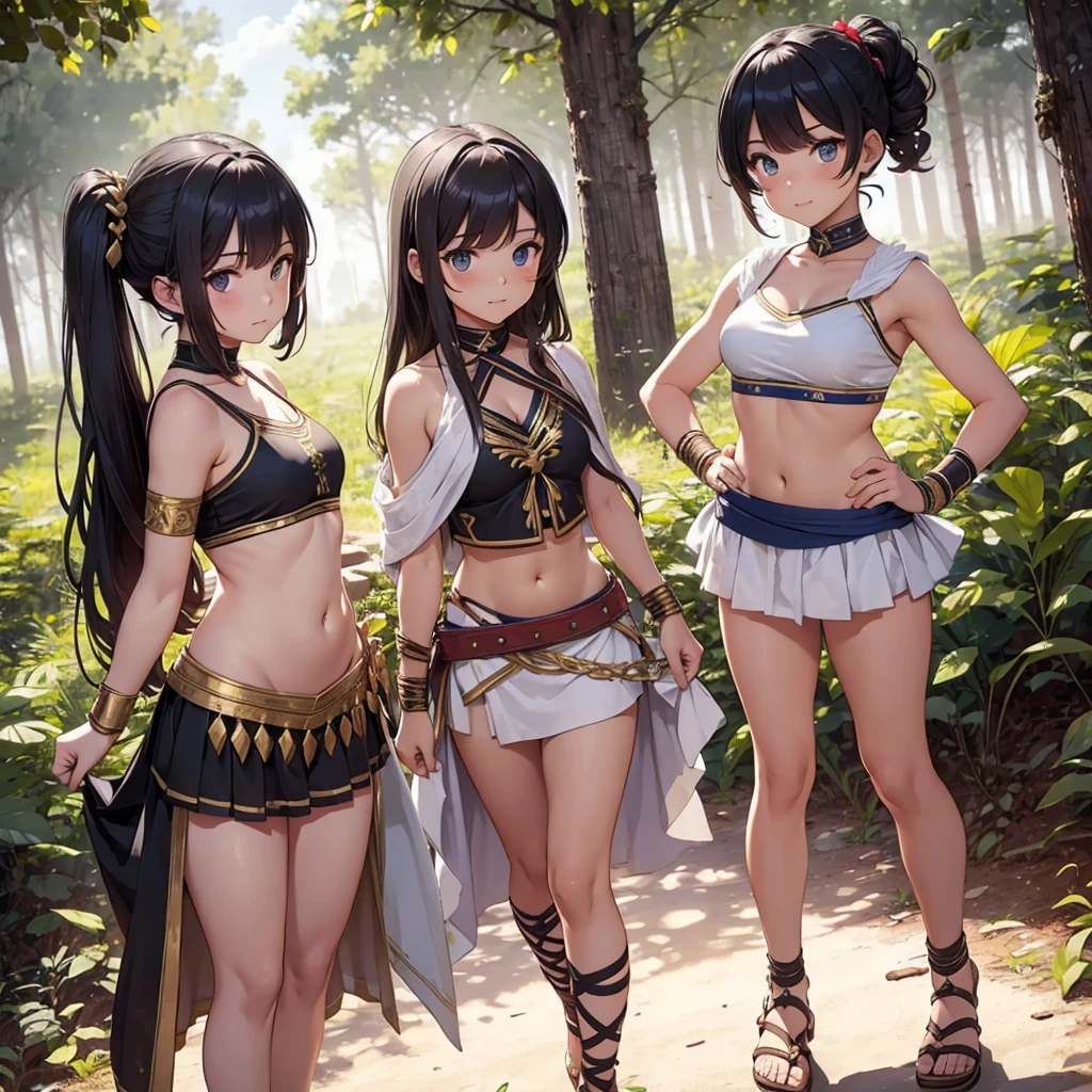 young greek warriors girls in togas , only girls , forest in the background , light armor , sandals , sexy, exposed belly, muscular girl, defined abdomen,stomach, multiple girls, midriff, looking at viewer, blonde hair , long hair, bare shoulders, white skirt, skirt, outdoors, sanda