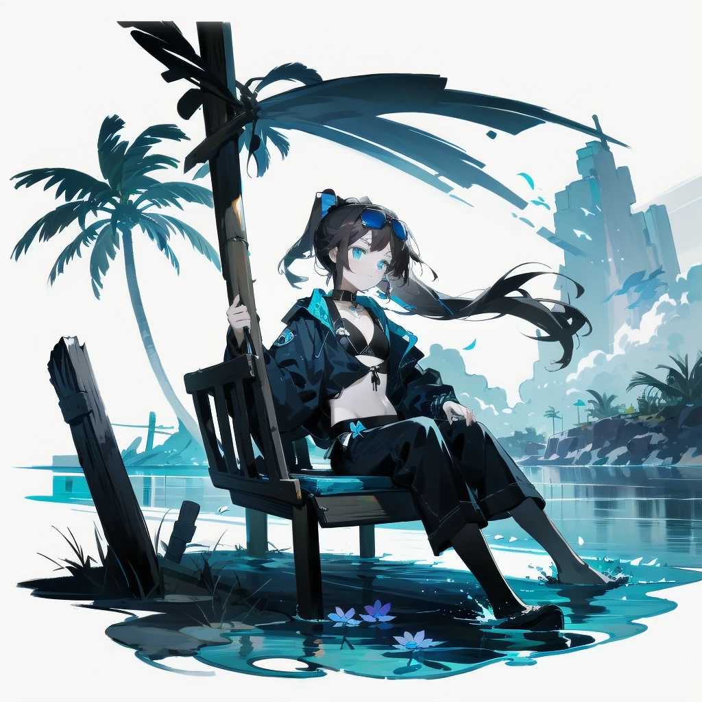 [(White background:1.15), ::2]alone, medium shot, whole body，small stature，Brown flowing ponytail，black collar， Black and blue theme swimsuit，bikini，blue eyes，cold，starlight，Ocean滩，coconut tree，blue glowing flower，blue floating water，Ocean，sitting on the swing，very blooming，Black open flowing windbreaker，wet，Sunglasses on the head，（（Black day）），depressing atmosphere，sad，low saturation