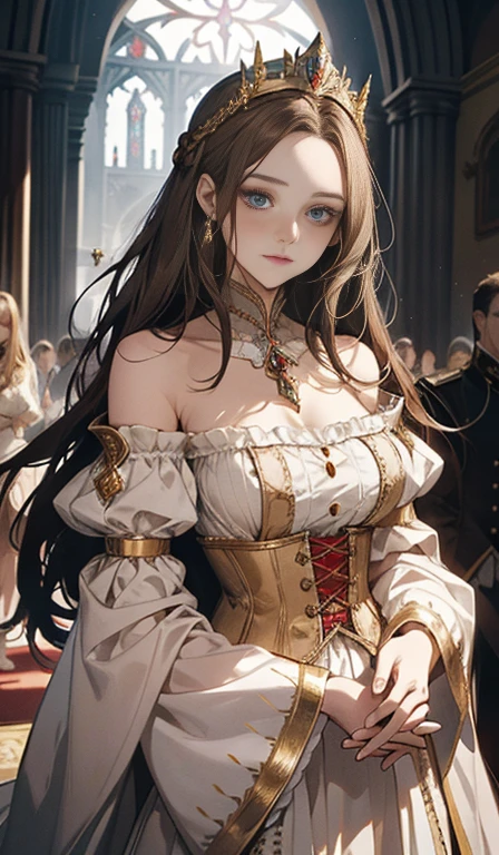 Fantasy, 19th century, empress, woman, delicate face, pale brown long hair, blue eyes, in a white royal dress with open shoulders, gold patterns on fabric, crystal jewelry, with a scarlet ribbon over the shoulder with the regalia of the monarch, Gothic castle made of white stone on the background, light, day, hd