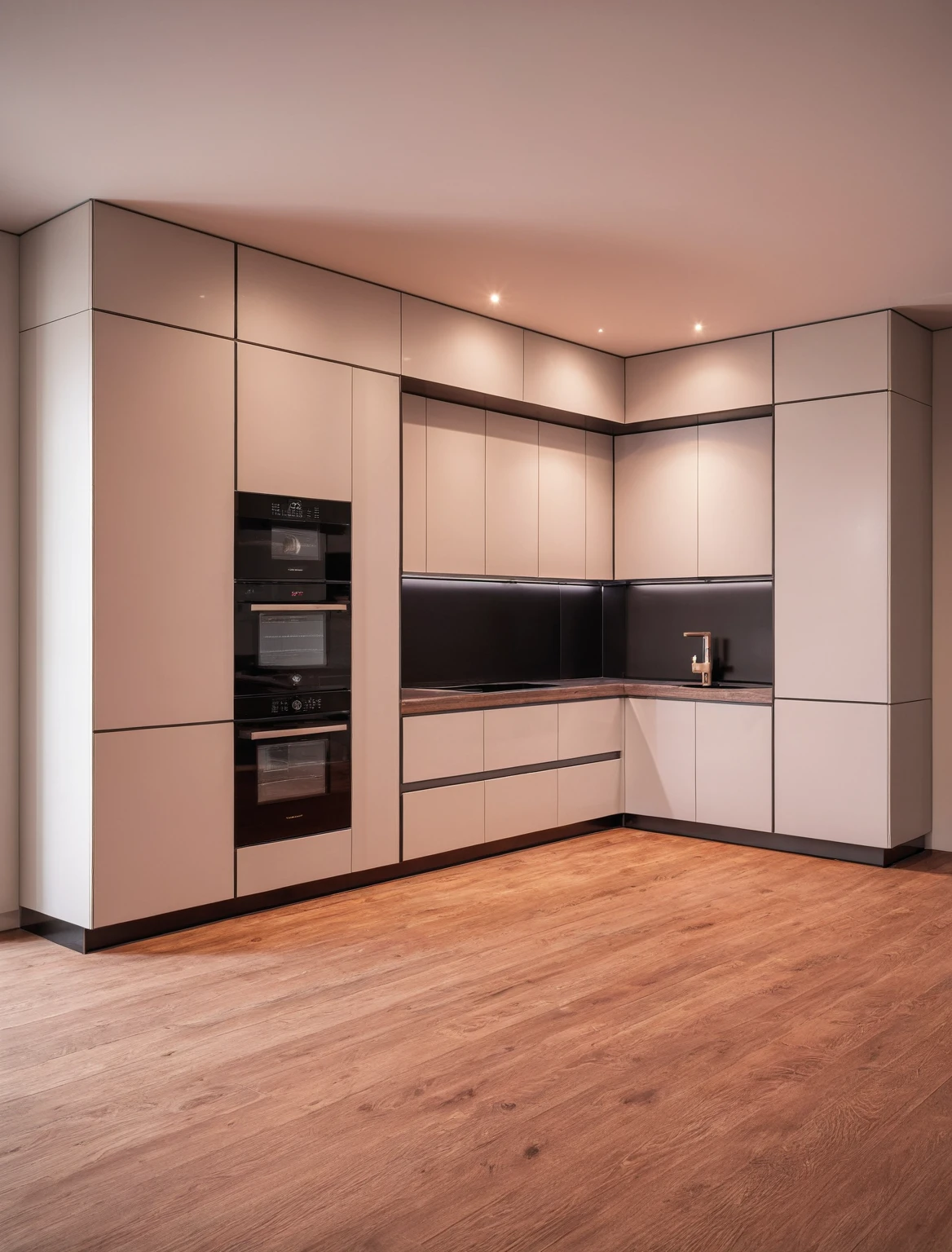 Raw photo,Masterpiece, high quality, best quality, authentic, super detail, interior , sunset, daylight, Kitchen Cabinets style modern, Induction cooker, sink, faucet, oven, built-in microwave, wooden floor, hood, wine cabinet, ((red tones))