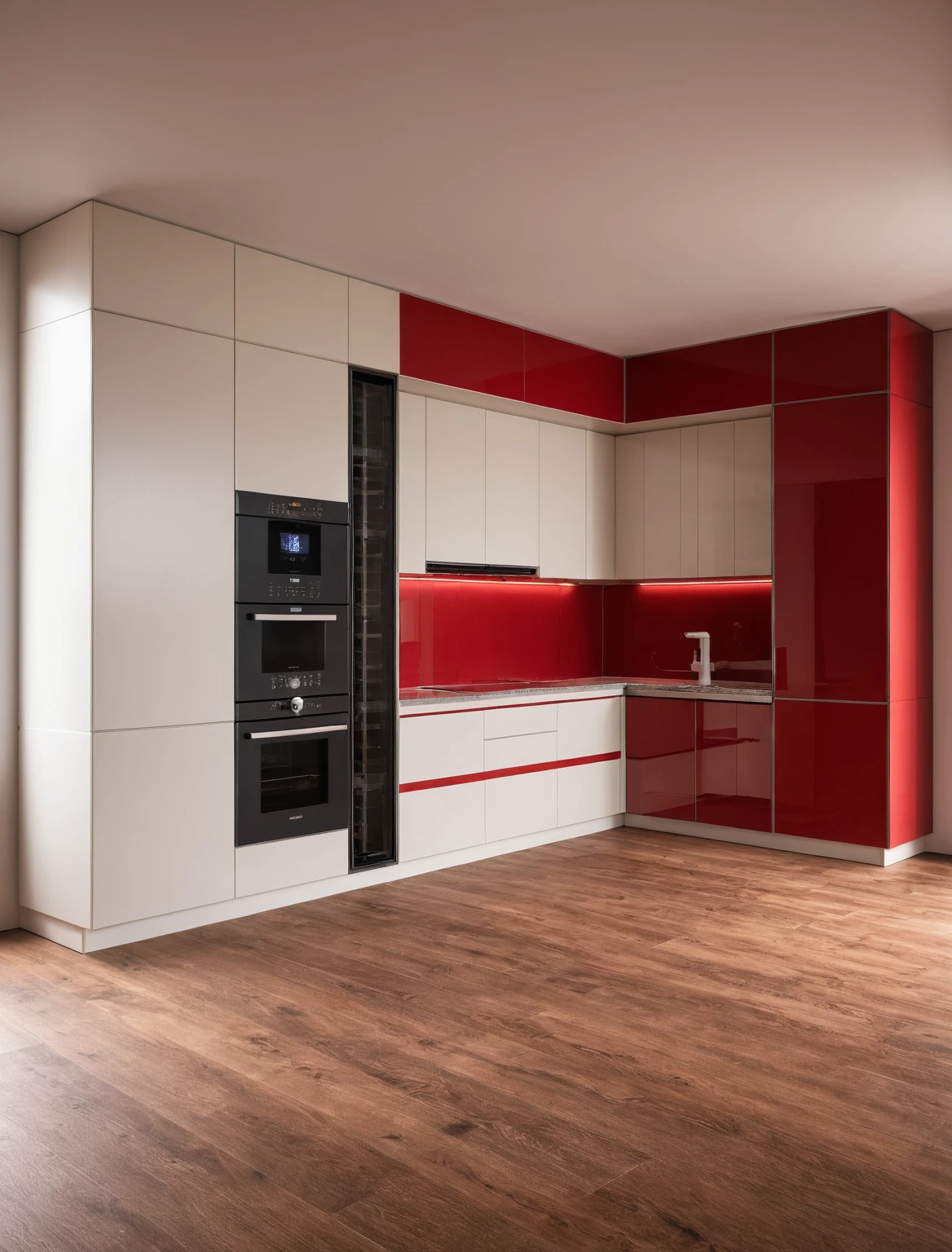 Raw photo,Masterpiece, high quality, best quality, authentic, super detail, interior , sunset, daylight, Kitchen Cabinets style modern, Induction cooker, sink, faucet, oven, built-in microwave, wooden floor, hood, wine cabinet, ((red tones))