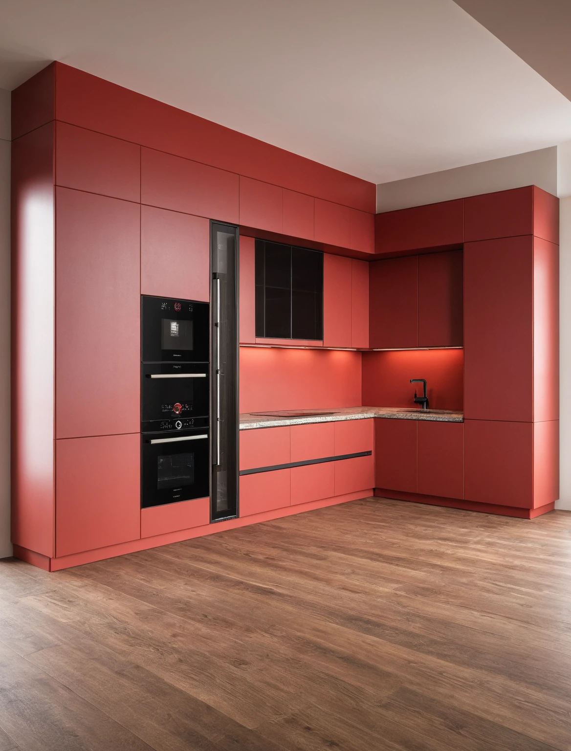 Raw photo,Masterpiece, high quality, best quality, authentic, super detail, interior , sunset, daylight, Kitchen Cabinets style modern, Induction cooker, sink, faucet, oven, built-in microwave, wooden floor, hood, wine cabinet, ((red tones))