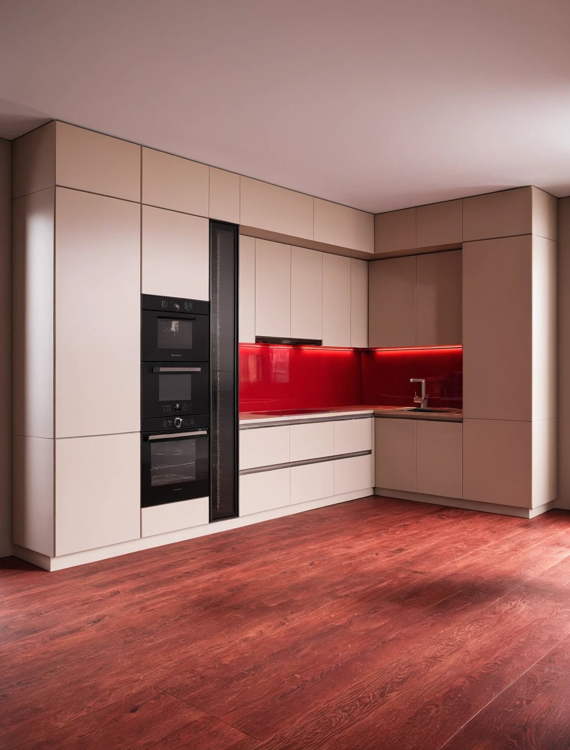 Raw photo,Masterpiece, high quality, best quality, authentic, super detail, interior , sunset, daylight, Kitchen Cabinets style modern, Induction cooker, sink, faucet, oven, built-in microwave, wooden floor, hood, wine cabinet, ((red tones))