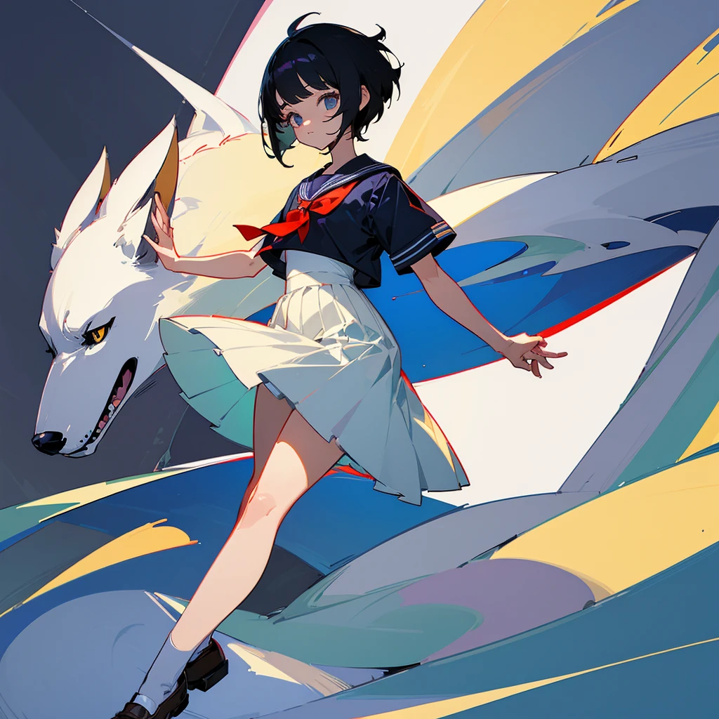 (Top quality illustrations:1.3)、whole body、Character portrait、cool、beautiful、female、Sailor suit、Short sleeve、Slanted Eyes、Short wolf cut hair、Character portrait、Gentle、17 years old、loafers、Black Hair、ribbon、Less movement、Above-knee skirt